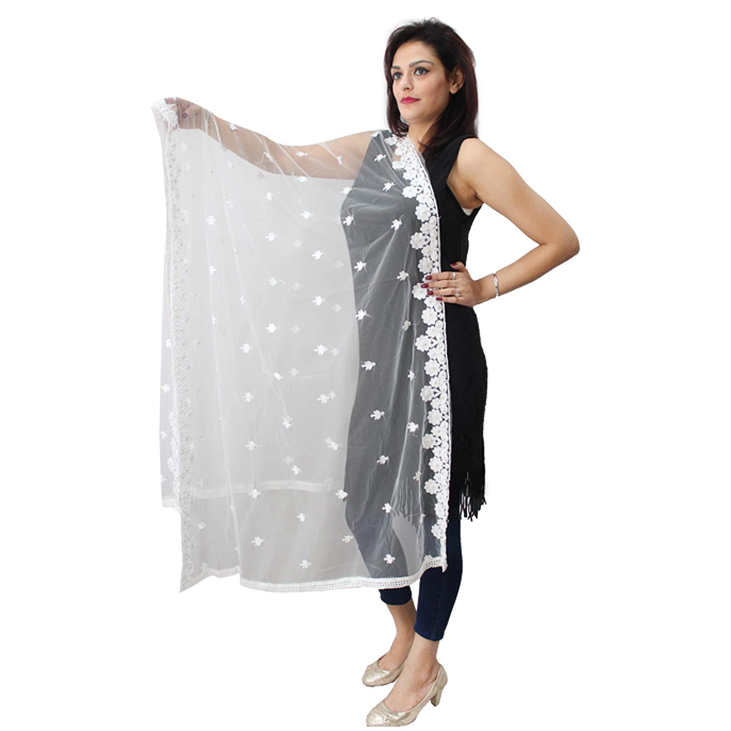 matelco women's white net dupatta with embroidery & lacework