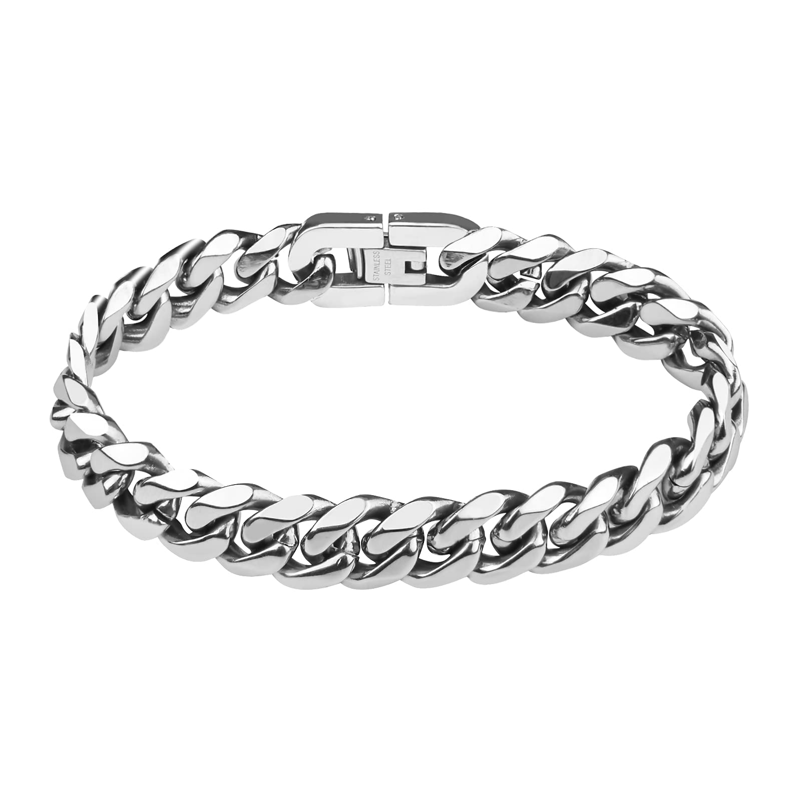 flintronic Mens Silver Bracelets，10mm Men's Strong Antique Silver Bracelet ，Fashion Retro 21cm Titanium Steel Simple Six-sided Flat Denim Bracelet