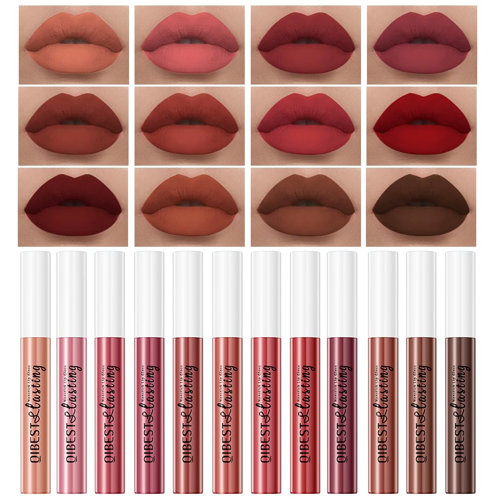 QiBest 12Pcs Velvet Matte Liquid Lipstick Makeup Sets for Women & Teens Gift, Waterproof Long Wear 24 Hours Nudes Burgundy Red Brown Lip Stain Kits, Non-Stick Cup Mate 24 Horas Lip Gloss Holiday Set