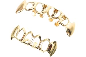 VALICLUD Gold Plated Hip Hop Teeth Grill-z Punk Custom Teeth Grill-z Caps Top and Bottom Grill Set Vampire Hip Hop Mouth Grills For Halloween Night Party