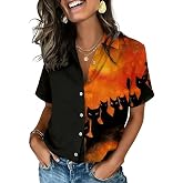 FKQRXO Women's Fall Halloween Button Down Shirt Casual Autumn Pumpkin Spider Witch Broom Cat Thanksgiving Tops