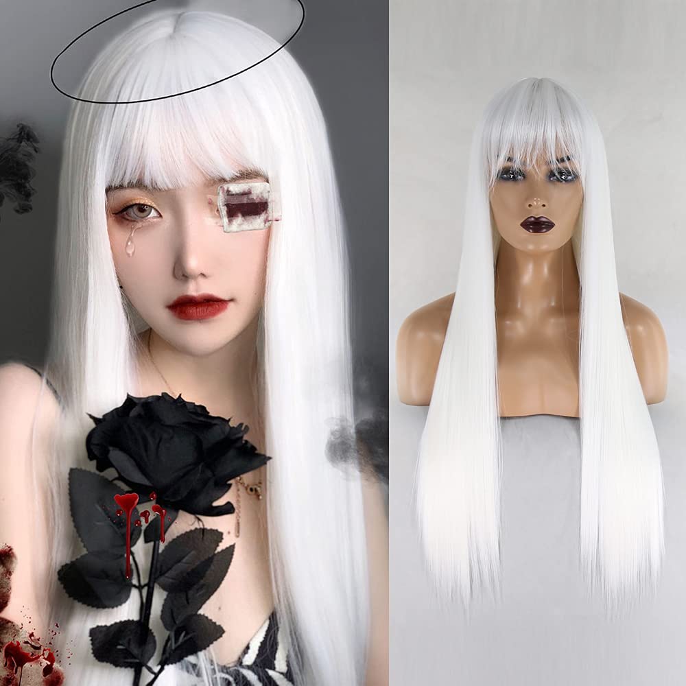 Towarm White Wig with Bangs Long Straight Wig with Fringe Natural Fashion Heat Resistant Ladies Full Wigs Cosplay Daily Wear Wig (White, Straight)