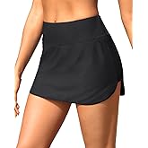Tempt Me Women's High Waisted Swim Skirt with Zipper Pockets, Athletic Bikini Skirt Bottoms in Black, Medium