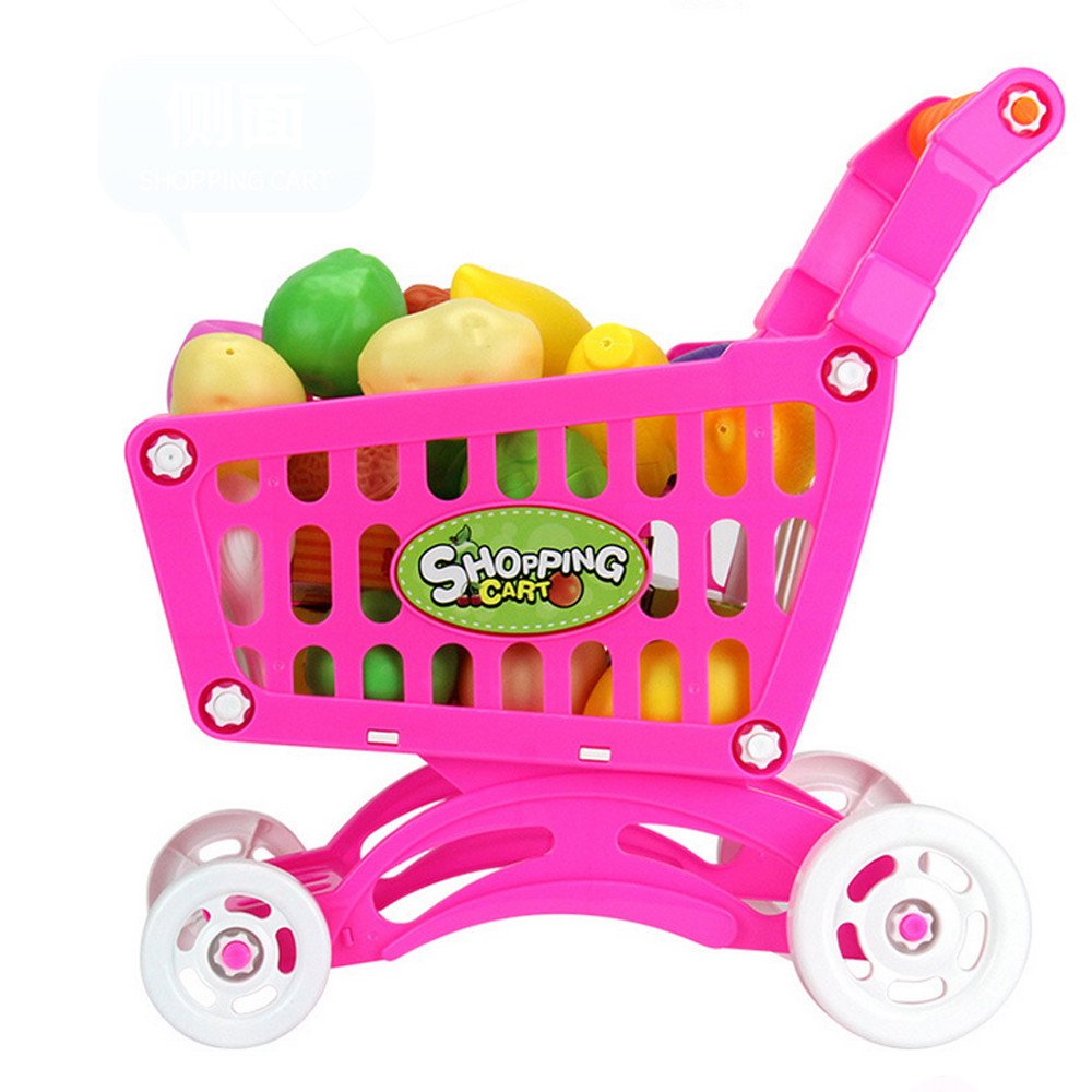 Rcool Shopping Cart Toys Fruit Vegetable Supermarket Handcart Shopping Utility Cart Trolley Storage Basket Toy Children Kids Educational Toy (Red)
