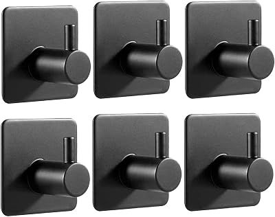 JS Self Adhesive Hooks 6 Pack Stainless Steel Black 5-8 kg No Drill