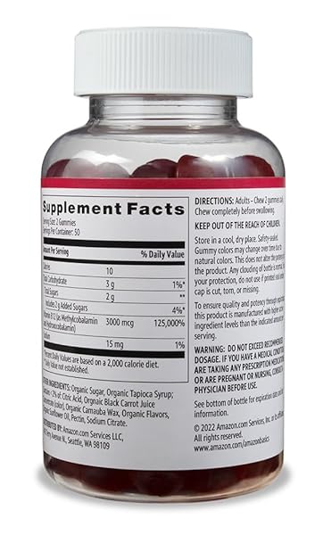 AMAZON BASICS VITAMIN B12 3000 MCG GUMMIES, NORMAL ENERGY PRODUCTION AND METABOLISM, IMMUNE SYSTEM SUPPORT, RASPBERRY, 100 COUNT (2 PER SERVING) (PREVIOUSLY SOLIMO)