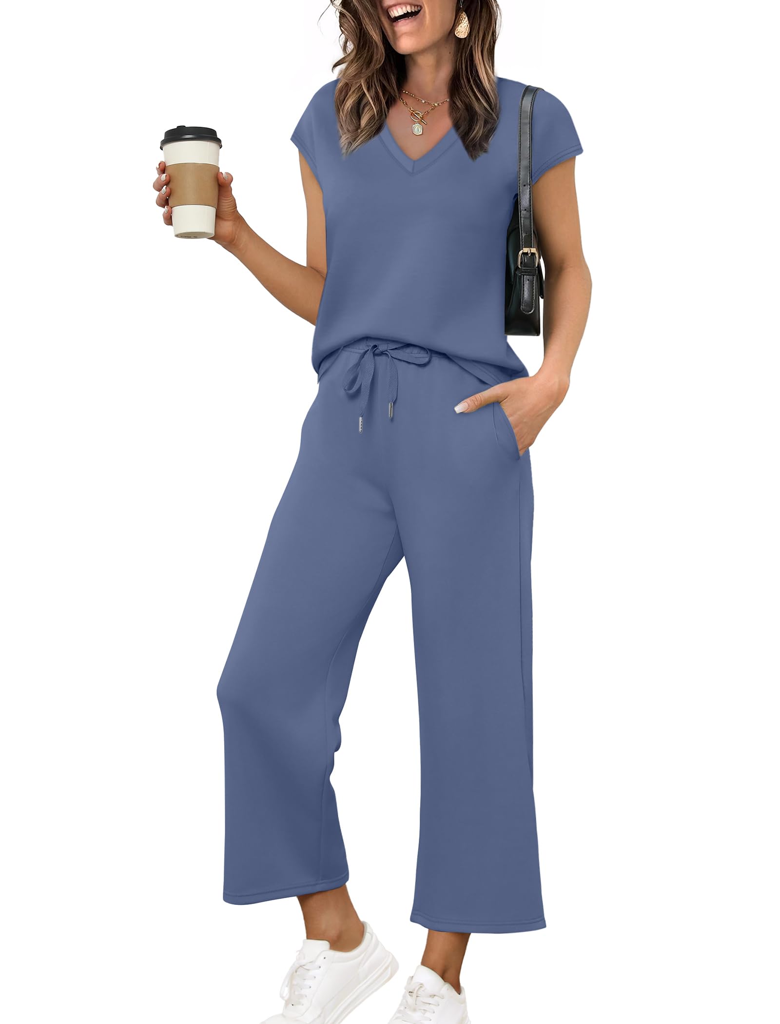 Photo 1 of (XL size) Summer Outfits for Women Cap Sleeve V Neck Tops Loose Fit Wide Leg Pants Woman Business Casual Work Outfits Matching Sets Women Clothing Fashion Trendy 2025 Blue XL