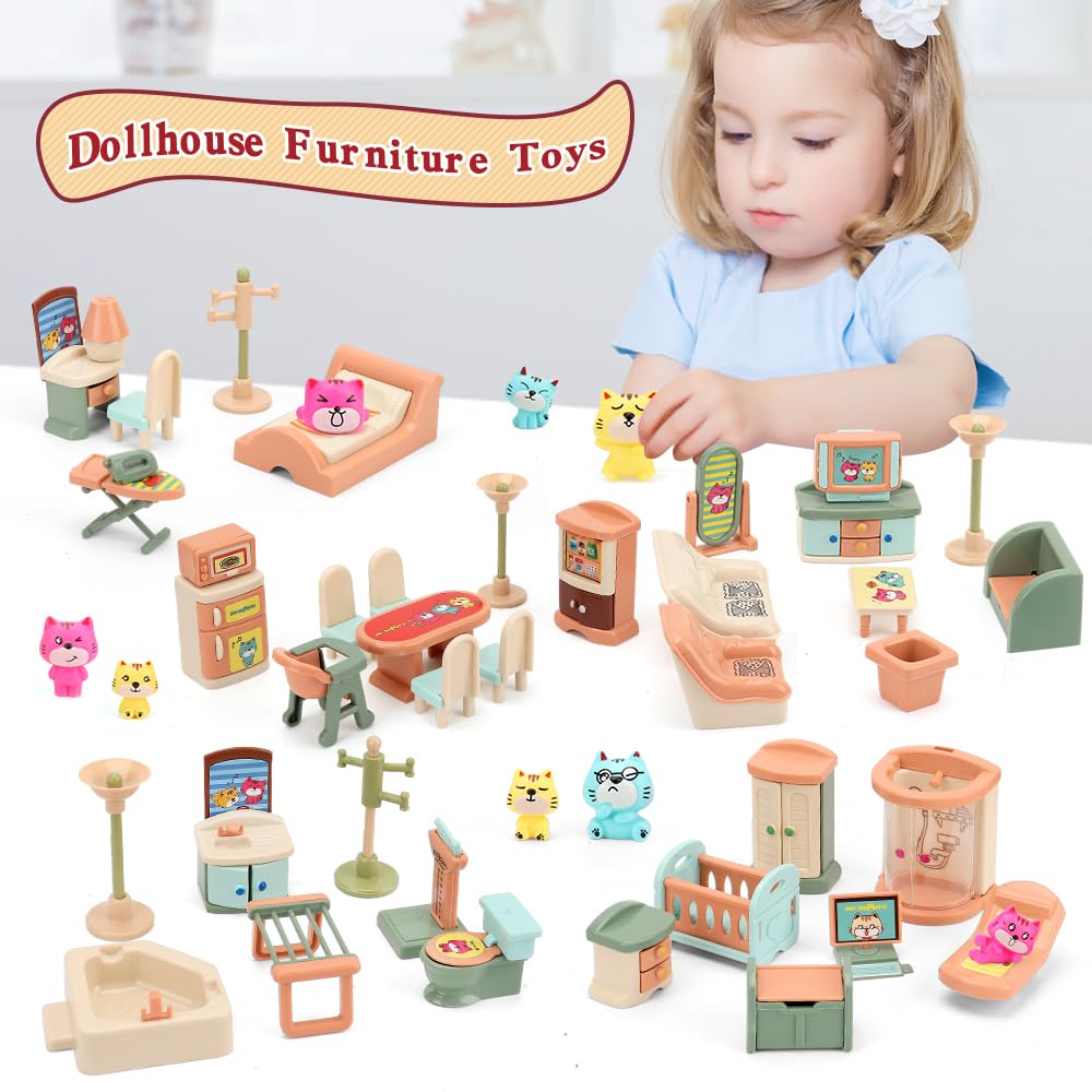50 Pack Kids Little Dollhouse Furniture Set Toys House Big Dreams for Baby Children Girls Boys Age 3+,Miniature Accessories Educational Pretend Play Toys for Toddler