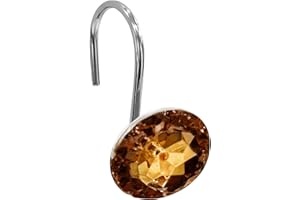 Gibelle Shower Curtain Hooks, Diamond Shaped Shower Curtain Rings Hooks for Bathroom Curtains Rod, Acrylic Decorative Rhinestones Bling Rolling Bathroom Accessories Set of 12, Brown