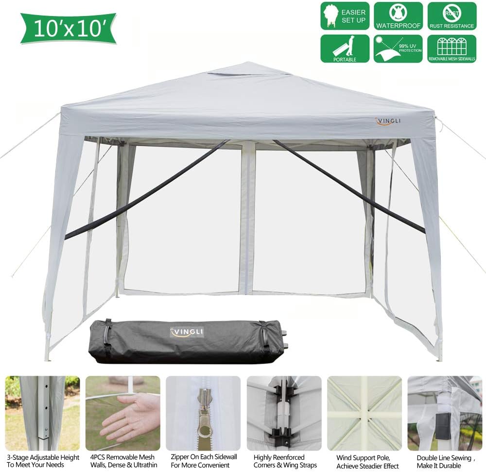 VINGLI 10x10ft Easy Pop Up Canopy Tent w/ 4 Removable Zippered Mesh Sidewalls & Portable Wheeled Carrying Bag, for Patio/Gazebo/Camping/Outdoor Activities, UV Coated Sun Shade Shelter, White