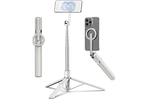 TONEOF 68" Magnetic Selfie Stick Tripod with Aluminum Strong Magnetic Holder for Magsafe, 360° Rotatable Travel Phone Tripod Stand with Metal Ring & Rechargeable Remote for iPhone/Android(Beige Gray)