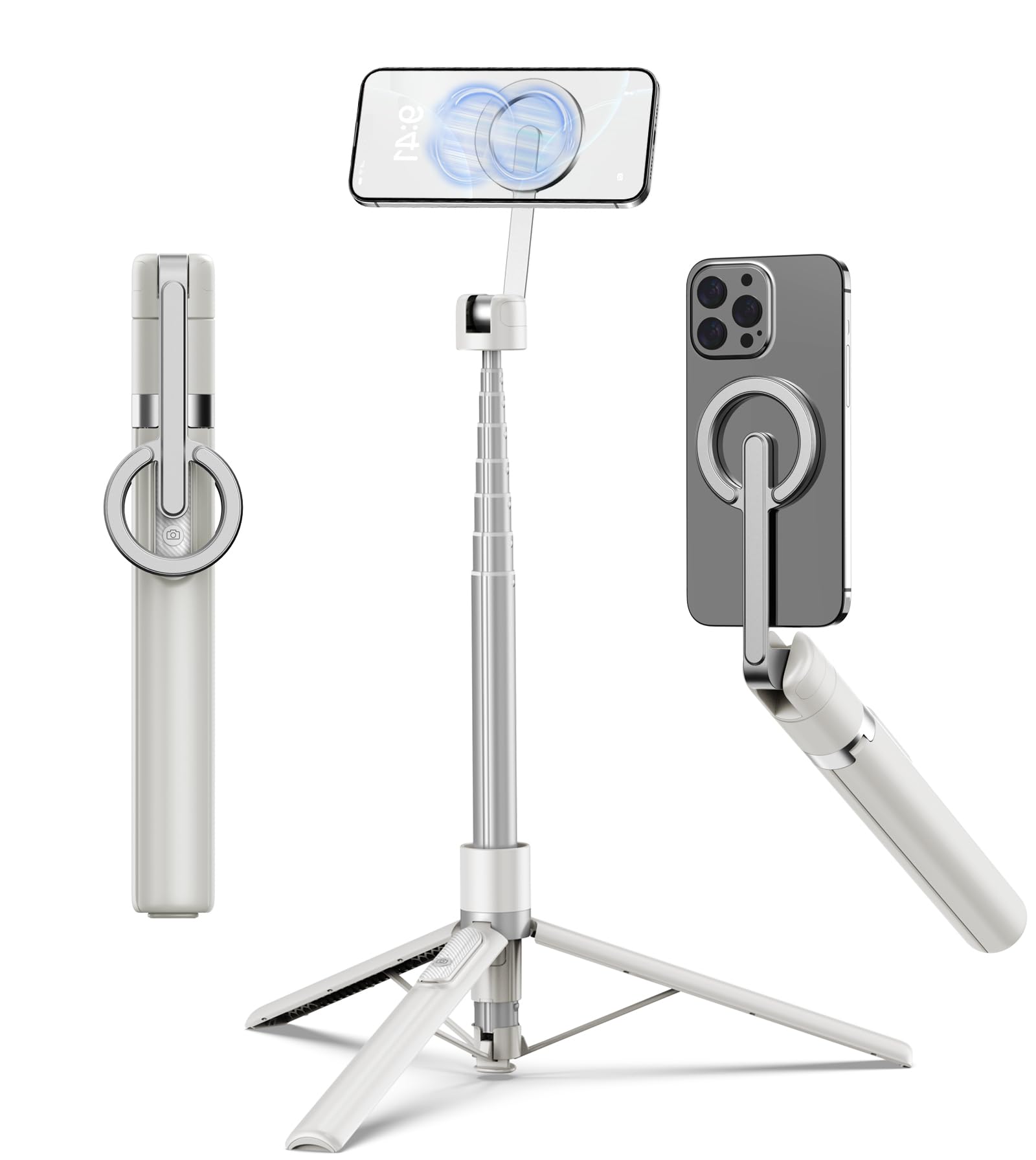 Photo 1 of TONEOF 68" Magnetic Selfie Stick Tripod with Aluminum Strong Magnetic Holder for Magsafe, 360° Rotatable Travel Phone Tripod Stand with Metal Ring & Rechargeable Remote for iPhone/Android(Beige Gray)