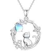BETHZA Moonstone Cat Necklace for Women 925 Sterling Silver Cat Moon Pendant Necklace Cute Animal Jewelry Gifts for Mom Daughter Girlfriend