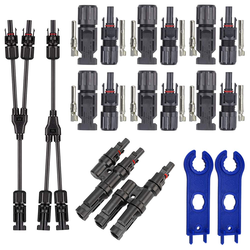 QitinDasen Professional Solar Panel Cable Connector Set: 6 Pairs Male Female Solar Connector + 1 Pair Solar T Branch Connector + 1 Pair Solar Y Branch Connector, for Solar Panel Photovoltaic System