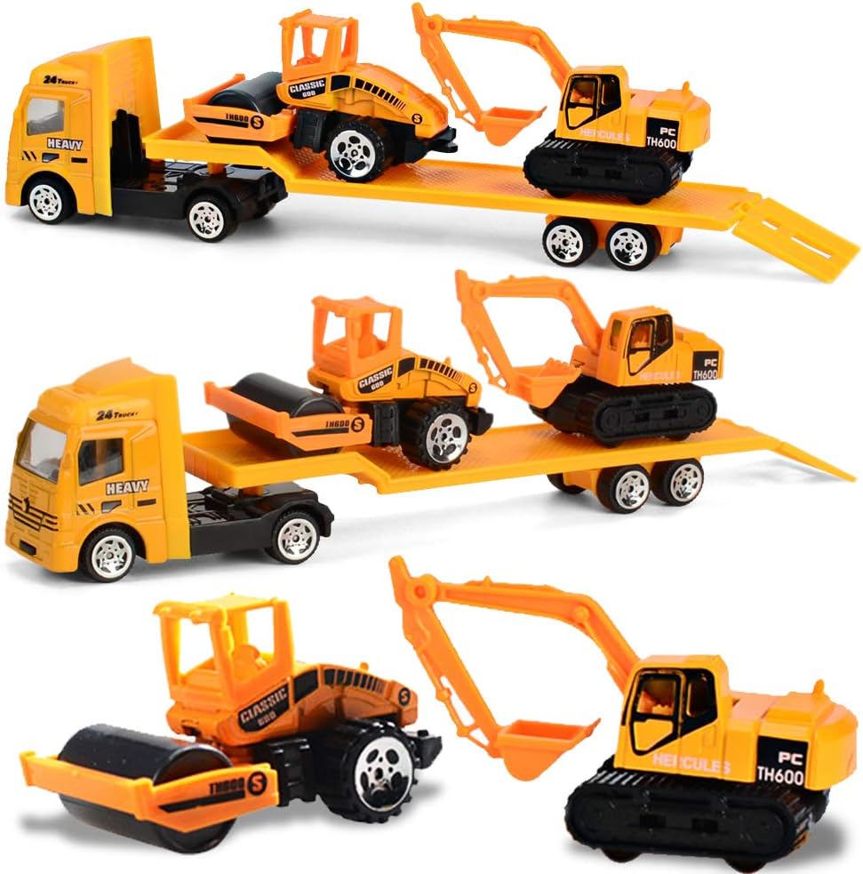 Minyn Construction Truck Toy Set with Flatbed Tractor Trailer Die Cast Metal Vehicles Engineering Digger Car Playset Excavator Steamroller Toy for Kids Boys Girls Toddlers