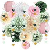 Pink and Green Party Decorations Sage Green Pink Birthday Decorations Love Heart Garland Paper Pom Poms Paper Fans Lanterns for Baby Shower Bridal Shower Wedding Party Decor