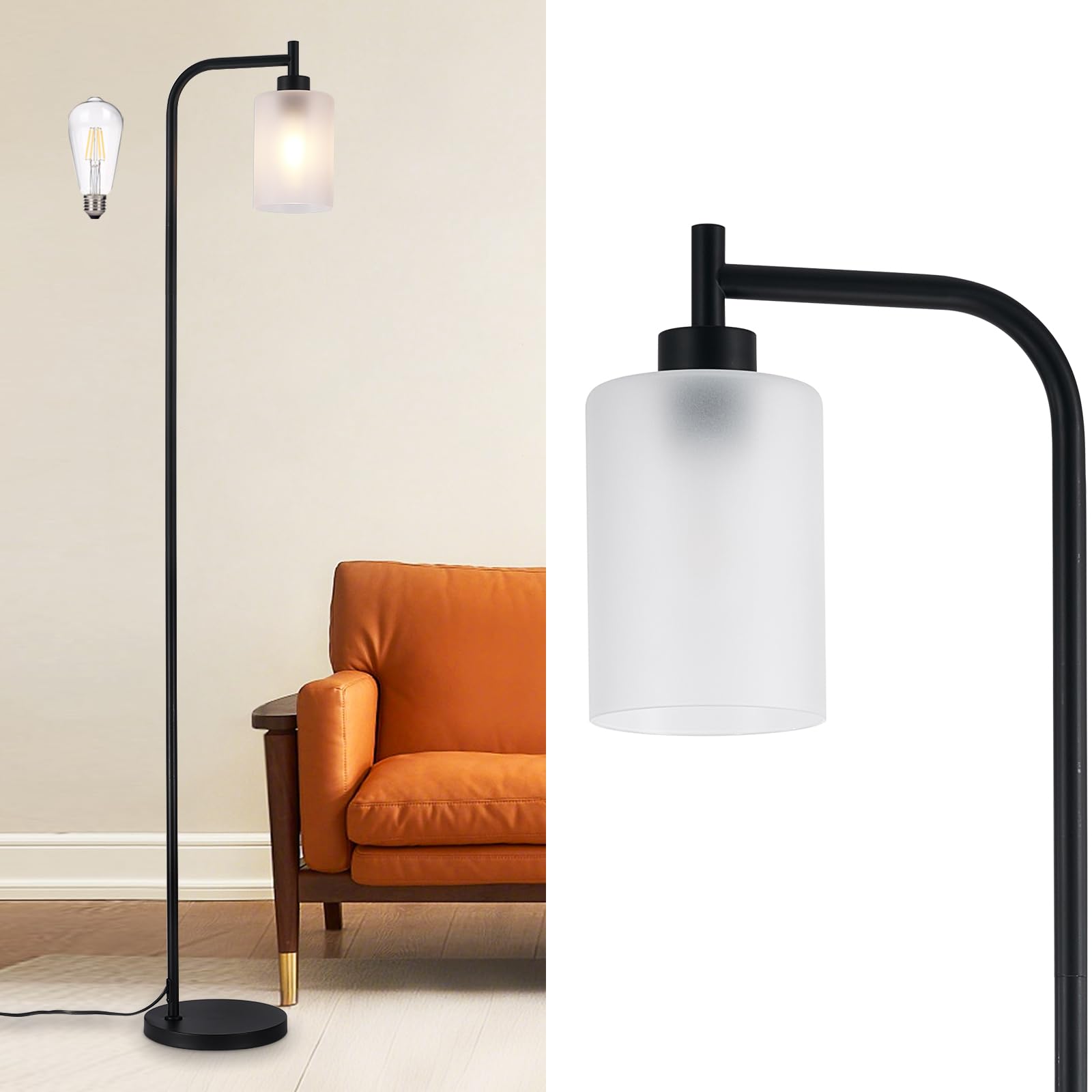 Photo 1 of DLLT Floor Lamp Tall for Room: Black Standing Lamp with Frosted Glass Lampshade for Living Room - Modern Bright Lamp for Bedroom - Industrial Corner Floor Lamps for Office 8W Led Bulb Included