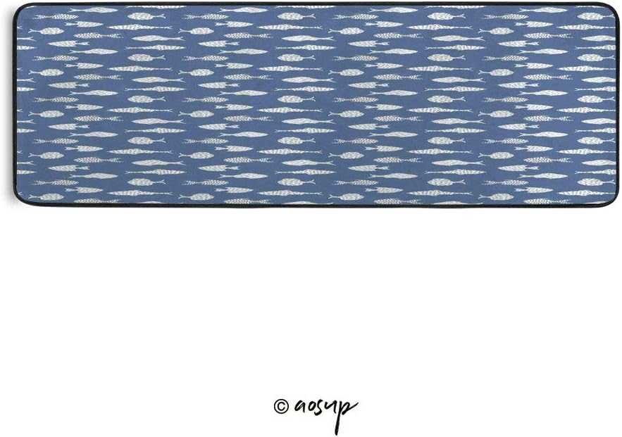 Homenon Hallway Entryway Living Dining Room Area Rug White Fish Silhouettes with Dots and Dashes Print on Blue Background Print Kitchen Rug with Non Slip Rubber Backing 72"x24"