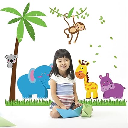 JAAMSO ROYALS Coconut Tree Animals Elephant Monkey Wall Sticker for Home Decor