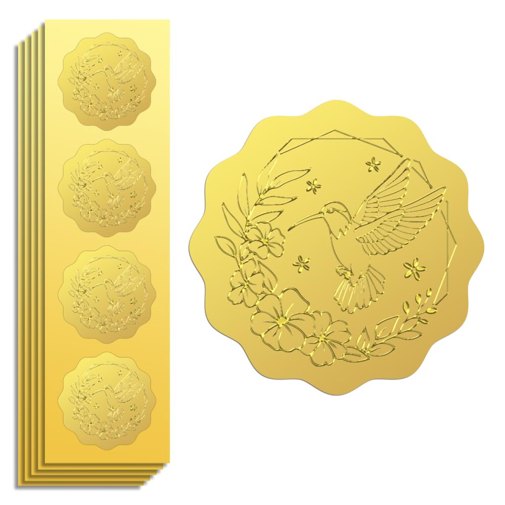 Photo 1 of Peacoblue Gold Foil Sticker Seal Embossed Hummingbird and Wreath 2 Inch 100Pcs, Self Adhesive Gold Around Embossing Sticker for Invitation Certificate Envelope Seal Gift Card Decoration