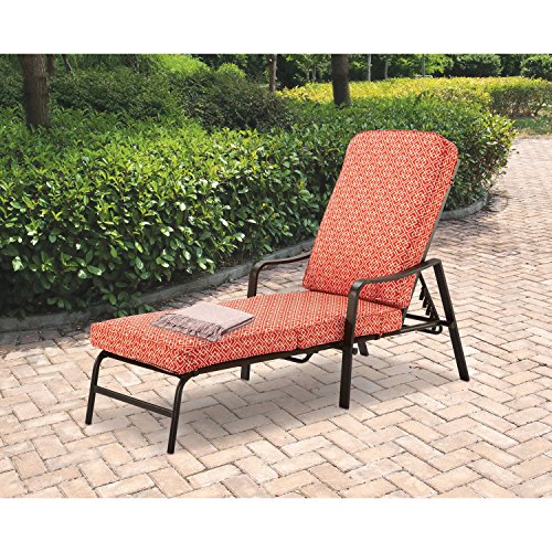 Outdoor Chaise Lounge, Orange Geo Pattern, Sturdy Five Position Adjustable Back, Reversible and Easy to Remove Cushion with Easy On and Off Clips, Durable Powder Coated Steel Frame + Expert Guide