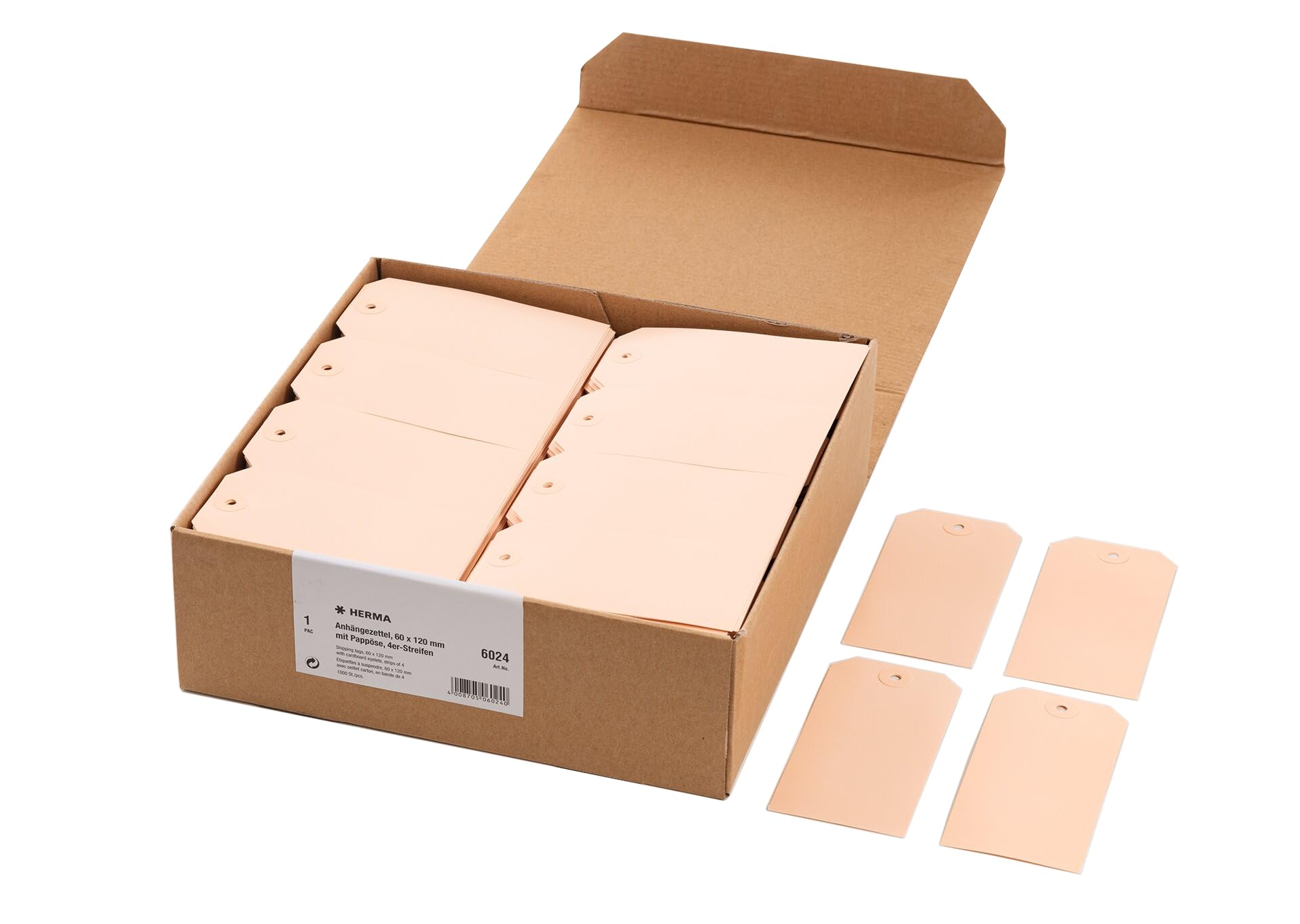 HERMA 6024 Large Tag Labels, Pack of 1000, 60 x 120 mm, Gift Tags for Labelling, Cardboard Hanging Labels, Blank Paper Tags, Labels with Eyelet, Brown