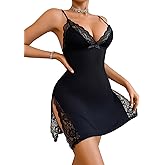 ADOME Womens Lingerie Sexy Nighty Lace Trim Night Gown Chemise Nightgowns for Women Sleepwear with Side Slit XS-XXL