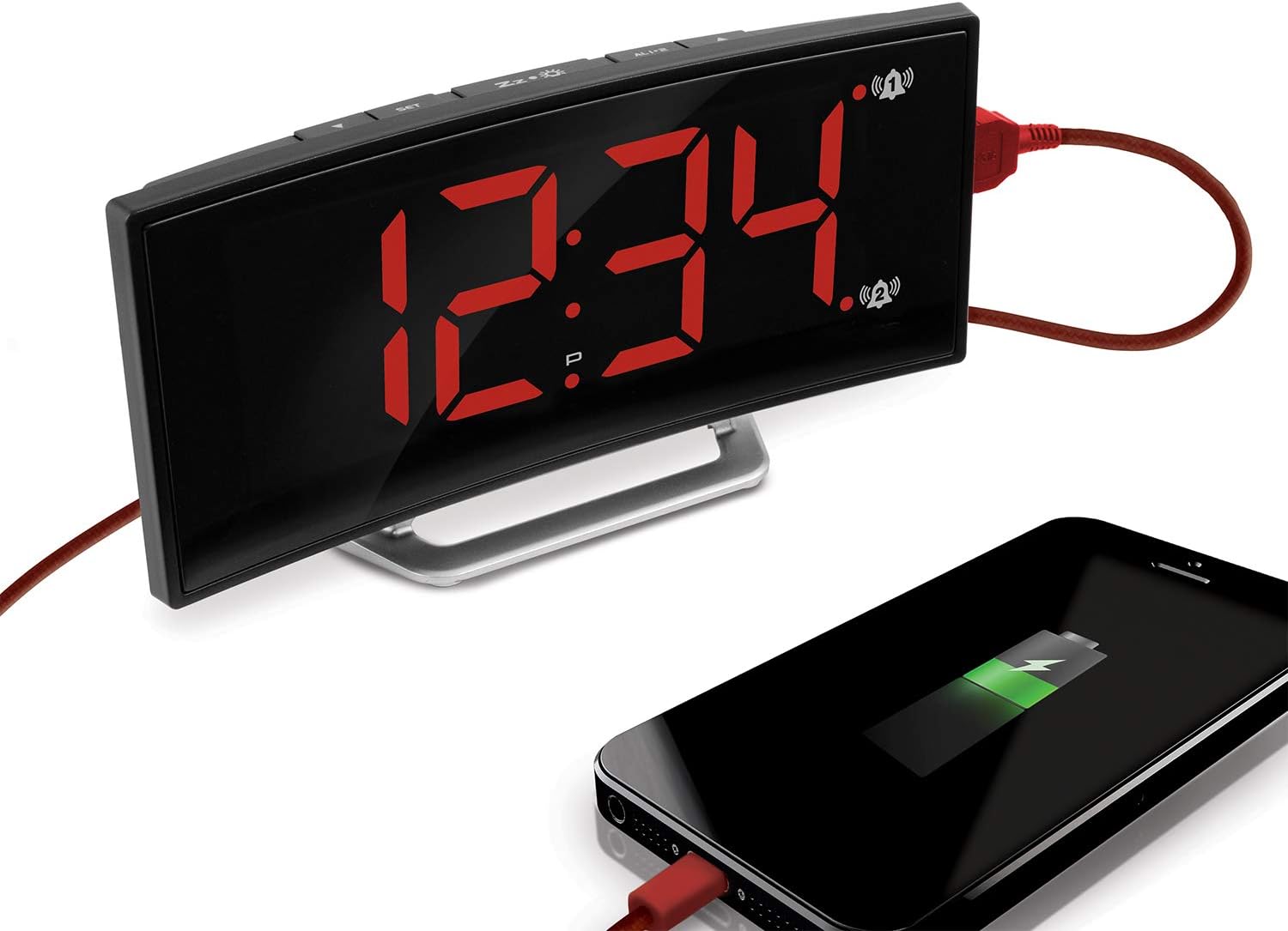 Amazon Com Marathon Usb Charging Alarm Clock With Dimmable Curved Screen 2 Alarms And Snooze Function Battery Backup Included Black Red Electronics