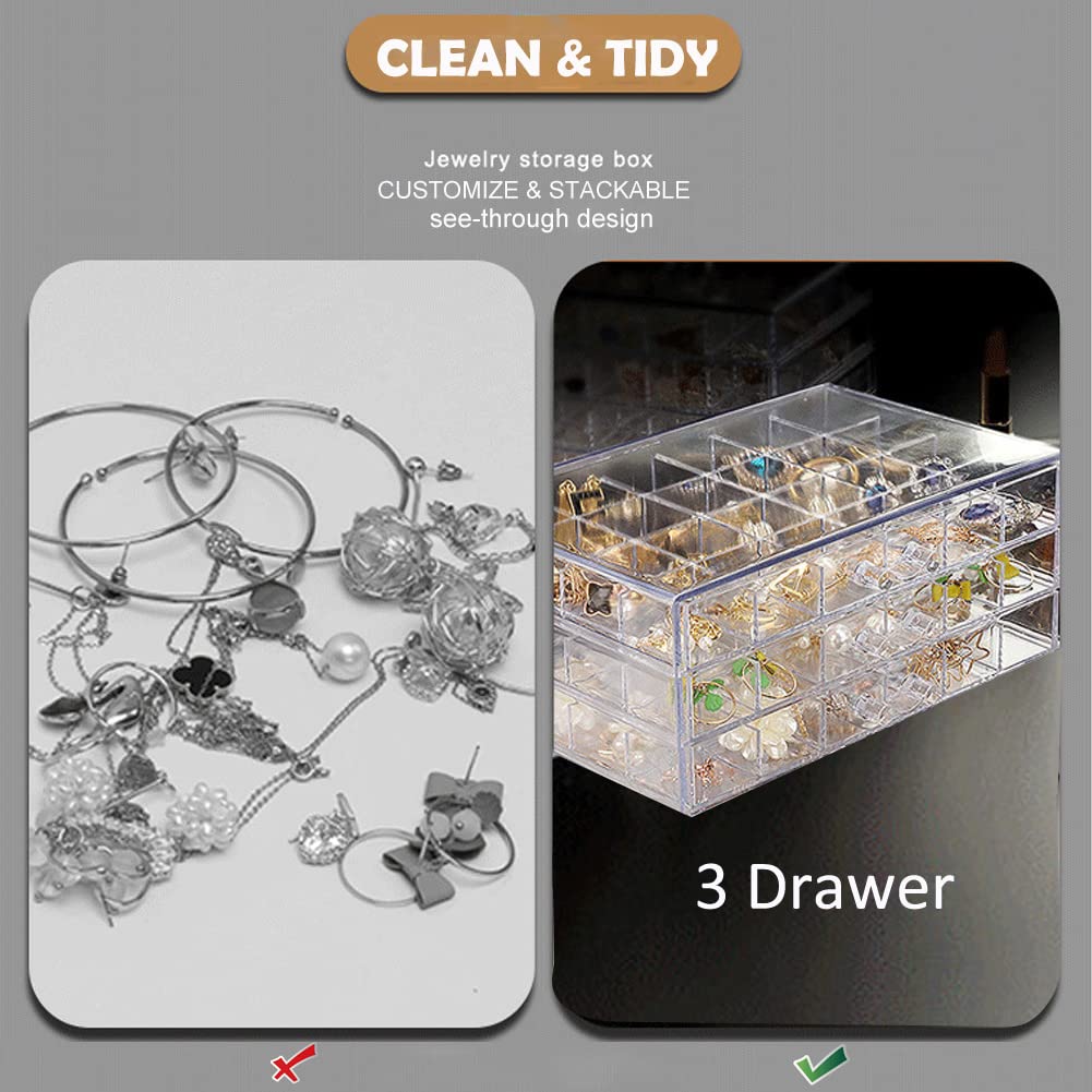 Compartment Storage Box 72 Grids Acrylic Organizer Box with 3 Drawers Storage Containers Transparent Organizer for Crafts Art Supply Painting Nail Tip Bead Earring Ring (Clear)
