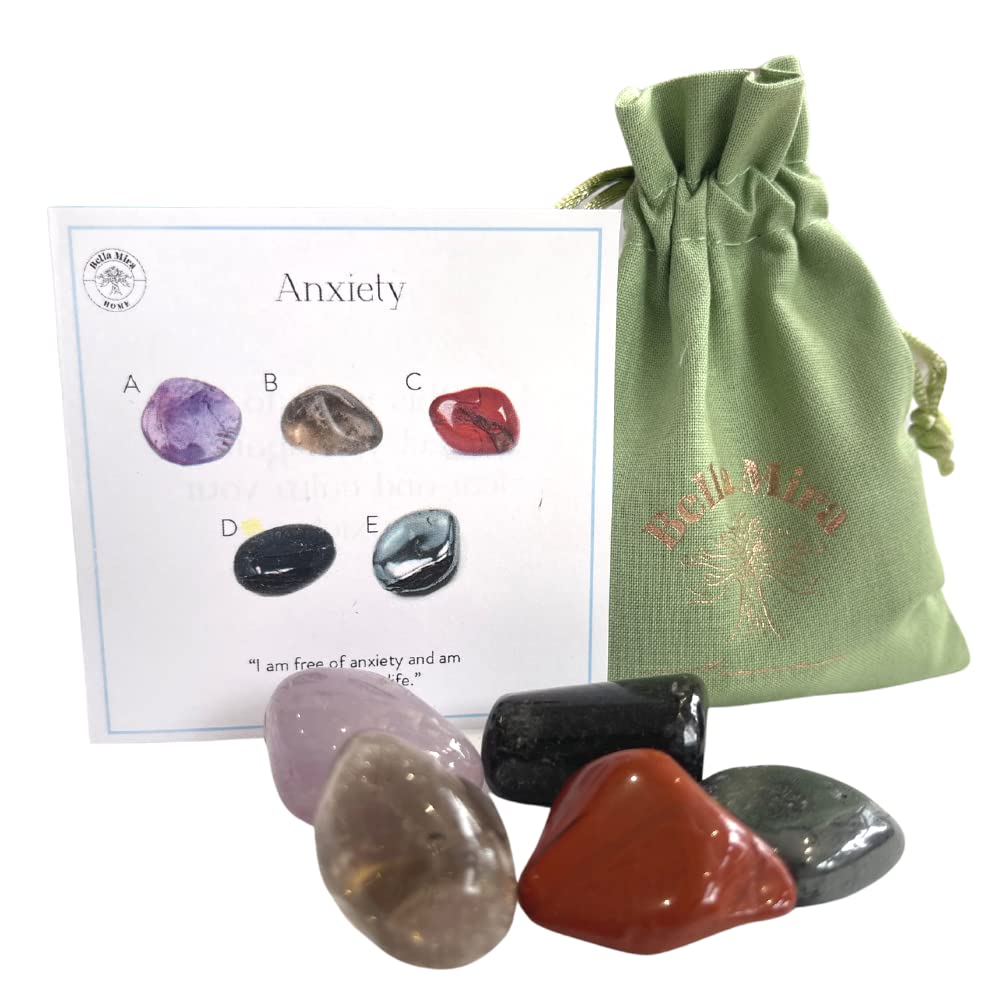 Anxiety Crystals - UK Designed 5 Stone Premium Selection for Meditation, Reiki, Chakra Healing & Balancing. Comes with Gift Pouch, Wellness Guide & Info Booklet