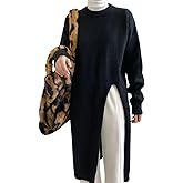 chouyatou Women's Sexy High Slit Long Sweaters Casual Crewneck Slouchy Tunic Sweater Pullover Knit Jumper Tops