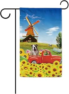 BAGEYOU Sunflowers Vintage Truck Farmhouse Dog Garden Flag English Bulldog Puppy Rustic Country Farm Windmill Cow Summer Flower Decor Home Banner for Outside 12.5x18 Inch Print Both Sides