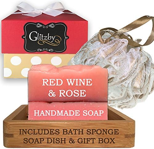 Luxury Handmade Soap Bath Gift Set - Includes Loofah &amp; Bamboo Soap Dish (Red Wine &amp; Rose)