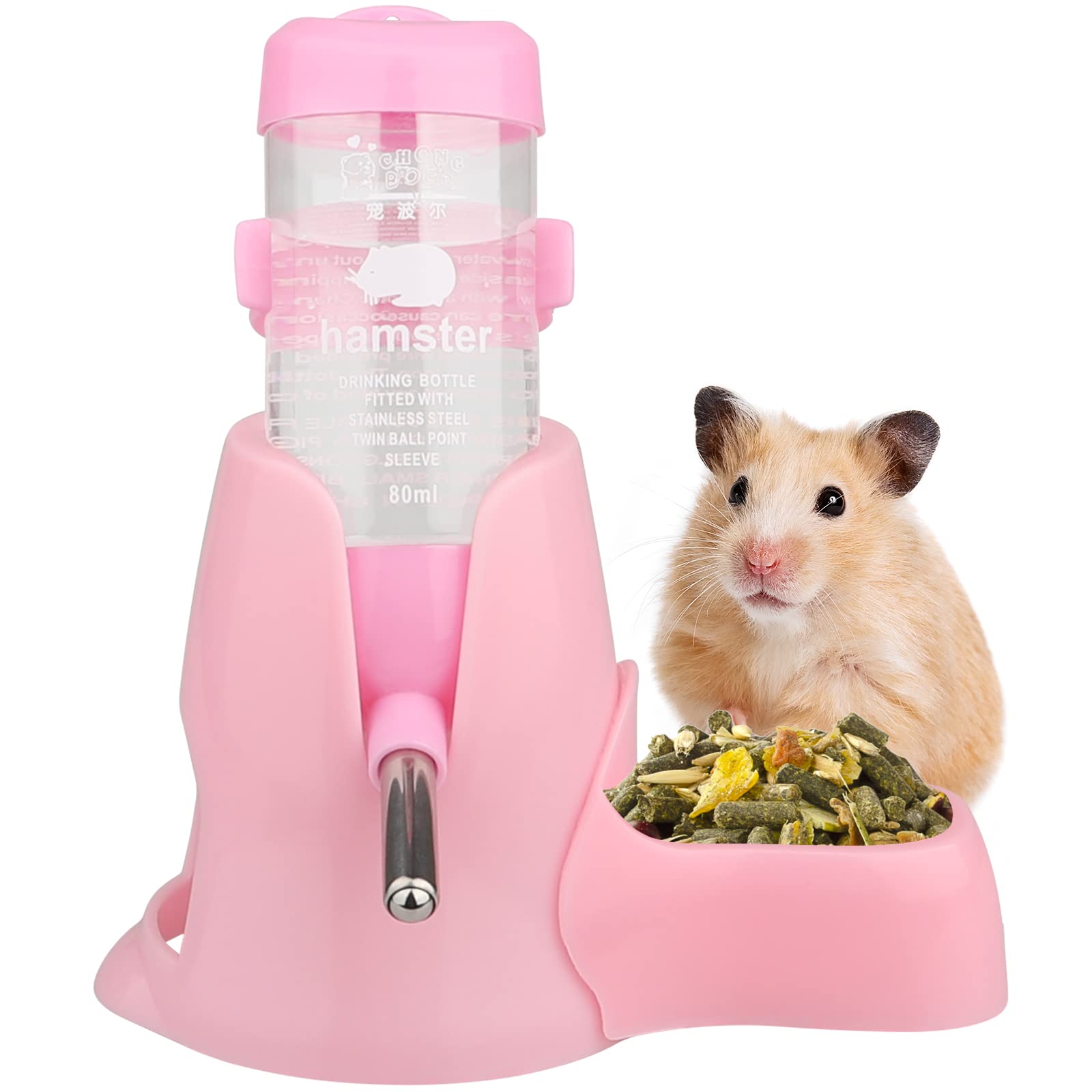 Hamster Water Bottle, [80ml] Diyife Guinea Pig Water Bottle Non Drip, Hamsters Automatic Water Dispenser, Free Standing Small Animal Water Bottle for Bunny Chinchilla Hedgehog Squirrel (Pink)