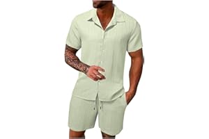 Men Cotton Linen Sets 2026 Summer Lounge 2 Piece Outfits Short Sleeve Button Down Shirts and Shorts Set Beach Vacation Outfit