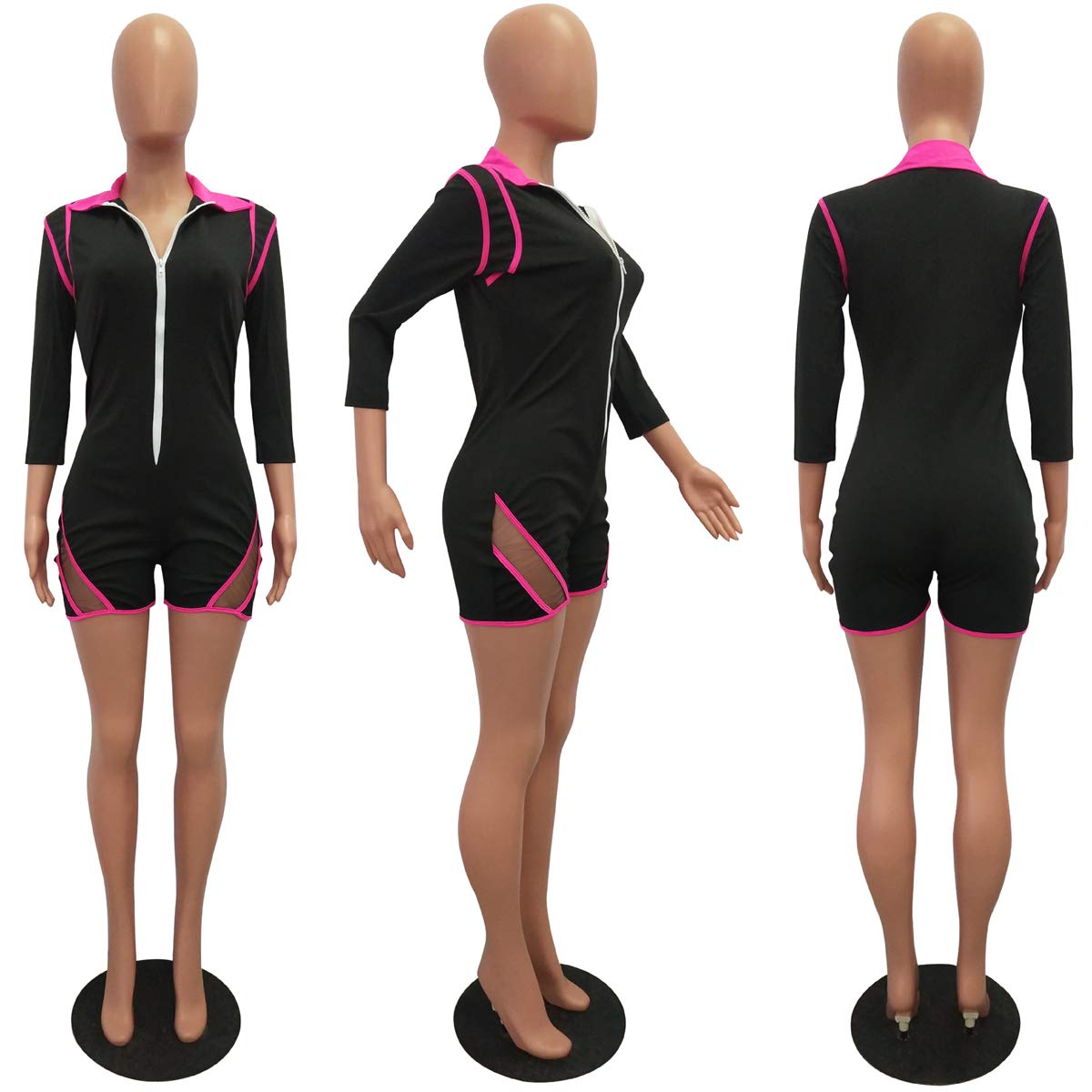 ThusFar Sexy Rompers for Women - One Piece Outfits Mesh Romper Shorts Front Zipper Bodycon Jumpsuit XX-Large Rose