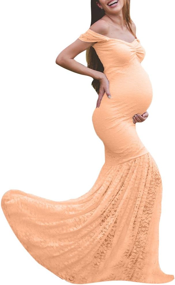 Photography Maternity Wrap Dress Women Pregnant Dress Floral Lace Off Shoulder Maternity Sexy Lace Photography Maxi Dress Mermaid Floor-Length Dress for Pregnant Photos Shoot