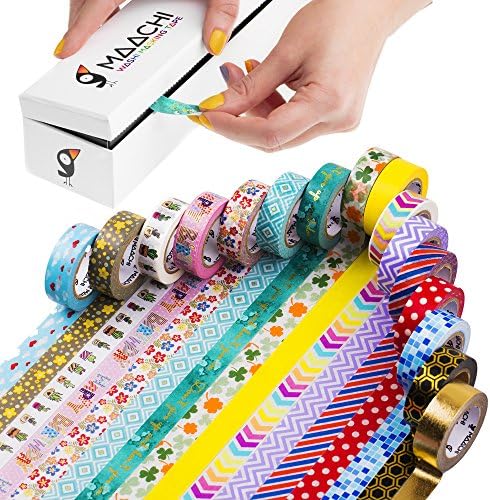 Unique Washi Masking Tape Set + Dispenser, Holder/Organizer for Storage. 16 Colored Designs. 23 FT/Roll. Craft Decorative Paper With Gold Effect. Improved Stickiness, Quality Foil Tapes