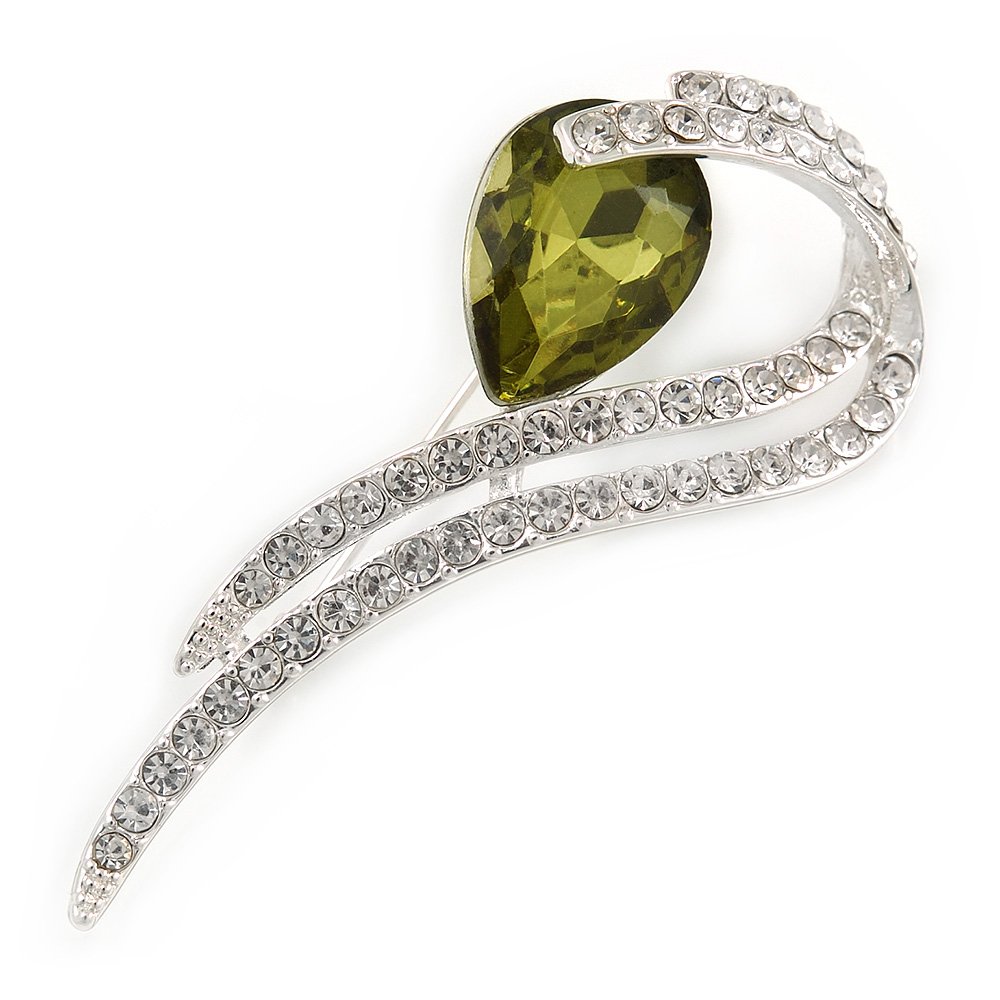 Clear Crystal, Olive CZ Modern Leaf Brooch In Rhodium Plating - 60mm