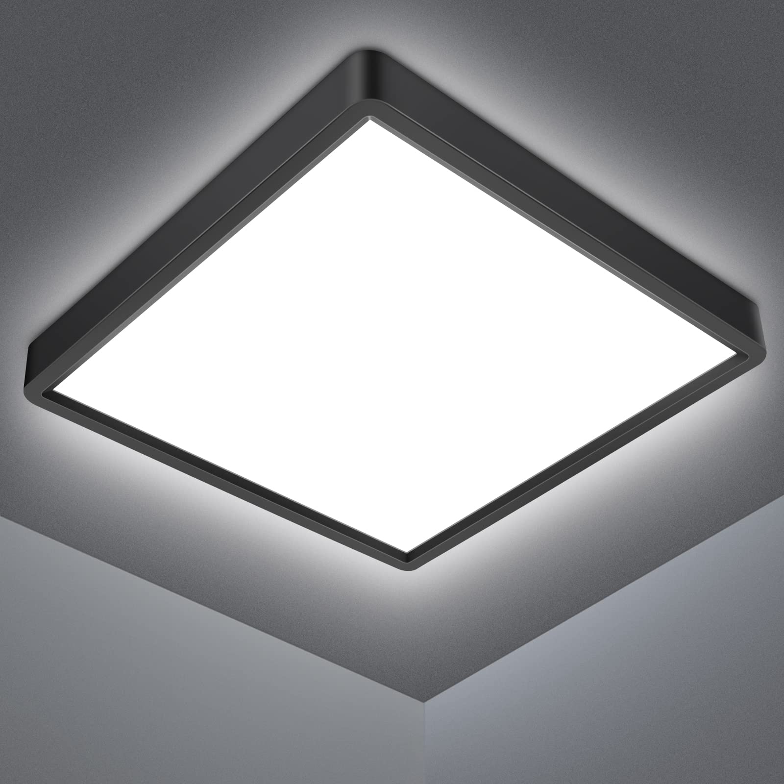 Defurhome LED Ceiling Light,18W 1500LM,100W Equivalent,5000K Daylight White,Waterproof IP54,Flush Mount, Square Modern Ceiling Light for Bathroom,Kitchen,Office,Hallway,Bedroom,22cm(Black)