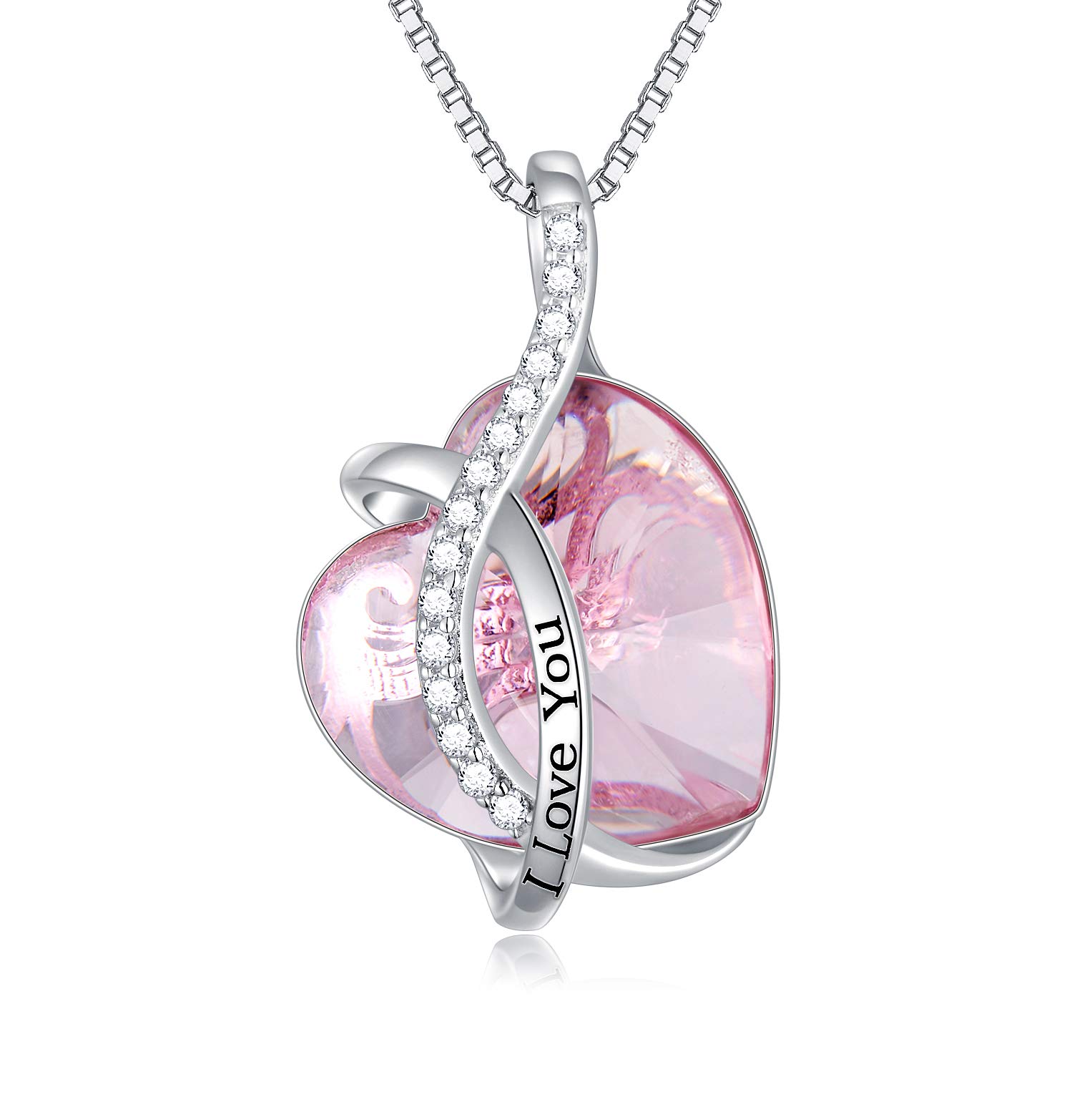 Sterling Silver I Love You Infinity Heart Pendant Necklace with Birthstone Crystals, Wedding Anniversary Birthday Gifts for Her Women Wife Girlfriend Mum (Pink)