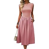 Imily Bela Womens Casual Cap Sleeve Midi Dress Crewneck Swing Flowy Empire Waist Long Dress 2025 Summer Trendy Outfits