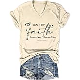 XUHOUAI Christian Shirt for Women I Will Walk by Faith V Neck Graphic Tees Tshirt with Jesus Quote Inspirational T-Shirt Tops