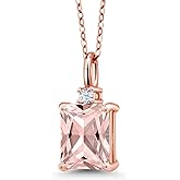 Gem Stone King 18K Rose Gold Plated Silver Peach Nano Morganite and White Created Sapphire Pendant Necklace For Women | 2.04 Cttw | Gemstone Birthstone | Emerald Cut 9X7MM | With 18 Inch Silver Chain