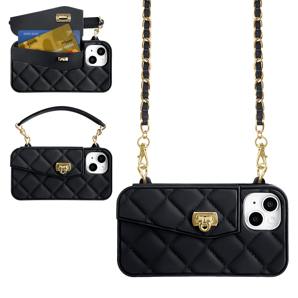 UnnFiko Case for iPhone 14 with Strap, Silicone Mobile Phone Case with Card Slots, Mobile Phone Chain for Hanging, Black