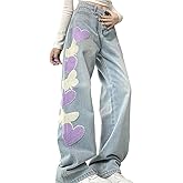 RILGOU Y2K Goth Vintage Casual High Waisted Loose Straight Wide Leg Purple Heart Butterfly Embroidery Jeans for Women