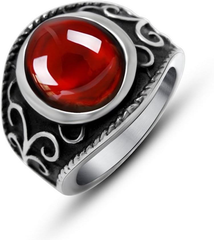 Jade Angel Men's Titanium Stainless Steel Vintage Old Created Garnet Ring