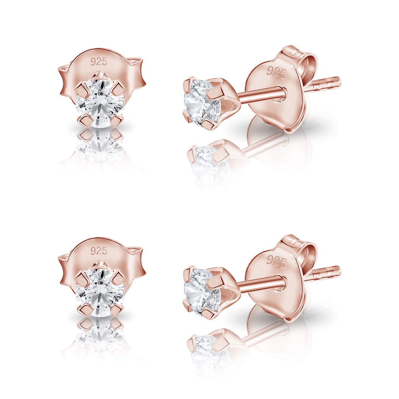Set of 2 Rose Gold Stud Earrings with Cubic Zirconia 3 mm - Tiny Diamond Studs Earrings for Women - Small Gold Stud Earrings with CZ - Rose Gold Earrings - Clear Studs