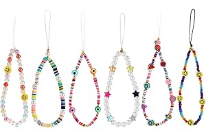 LA QUEENIE 6 PCS Beaded Phone Lanyard Wrist Strap, Colorful Bead Phone Charm, Smiley Face Fruit Star Pearl Beaded Decoration Accessories for Keychain Phone Chain Strap