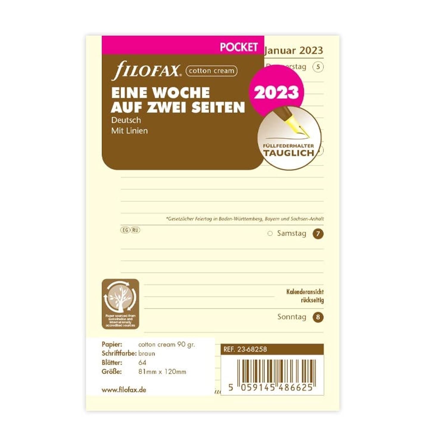 Filofax Pocket 1 Week on 2 Pages Cotton Cream (German) 2023